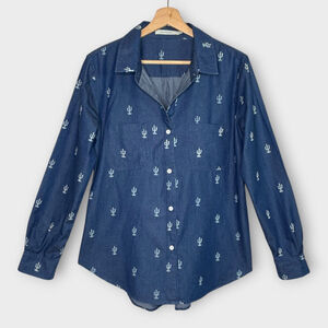 Ellison Woman's Long Sleeve 100% Cotton Indigo Cactus Button Up Shirt Medium